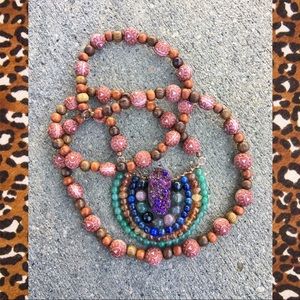 Wire wrapped multi-gemstone and wood necklace